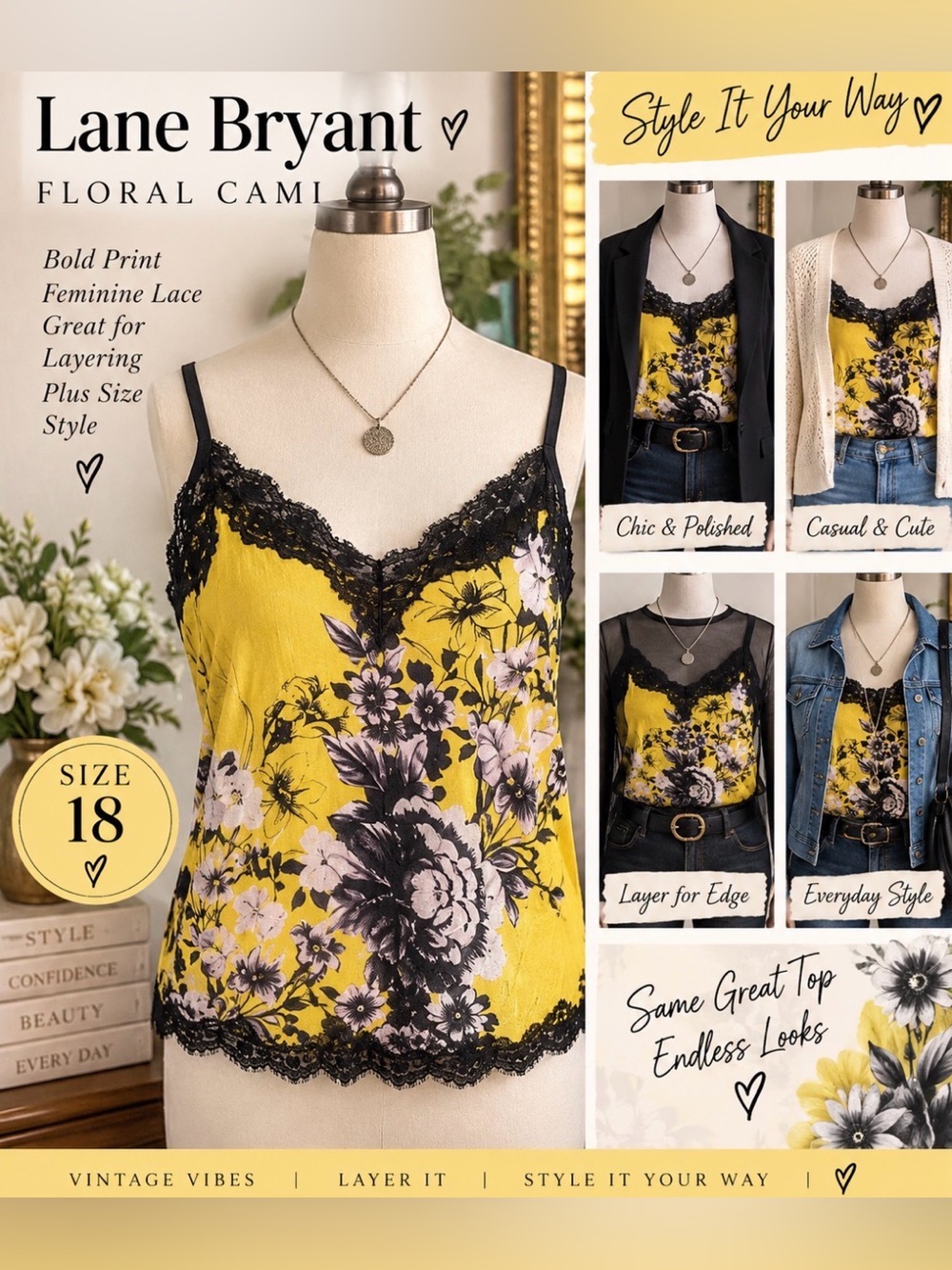 Lane Bryant -Yellow and Black Fliral & Lace Trim Printed Cami